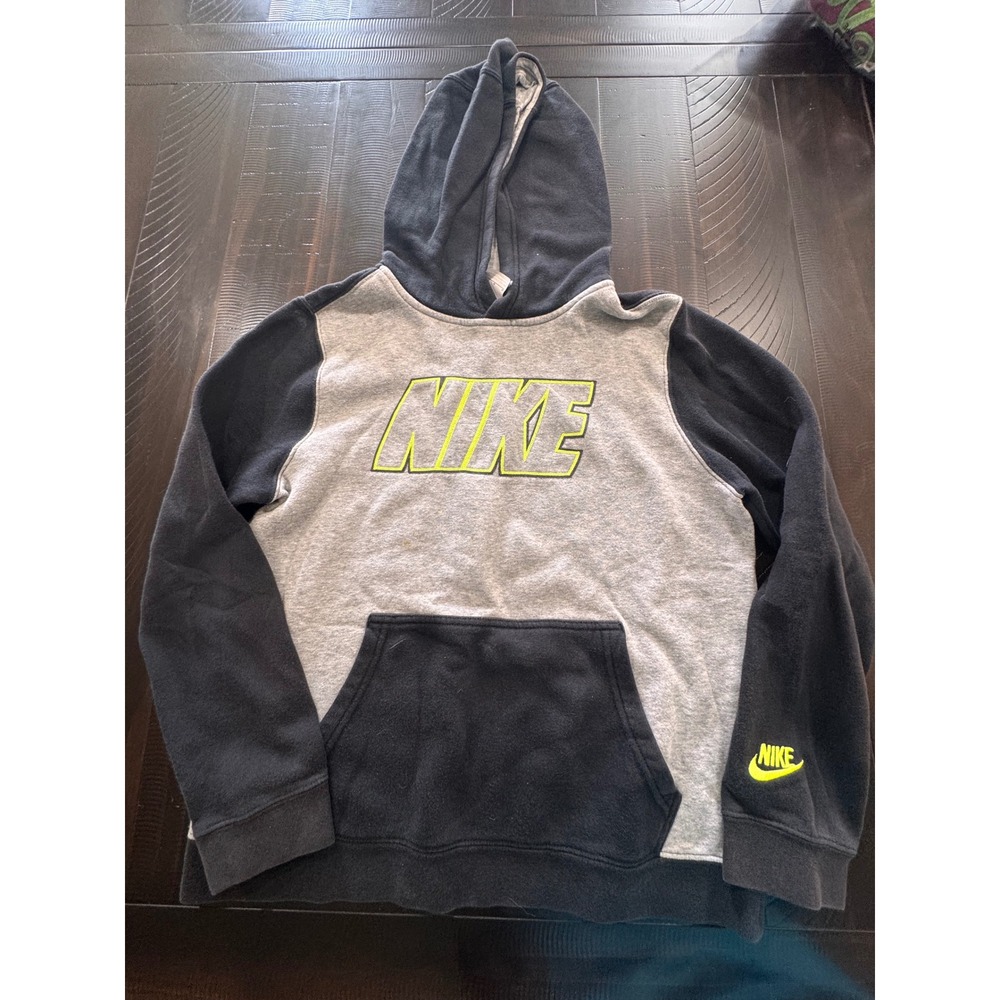 Nike Boys Large Pullover Hoodie Grey Black Neon Yellow Logo Sweatshirt